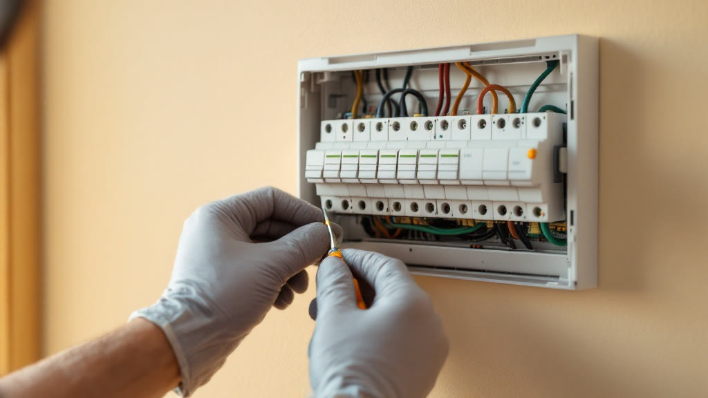 Elektrikář v rukavicích dotahuje svorku v otevřeném domovním rozvaděči